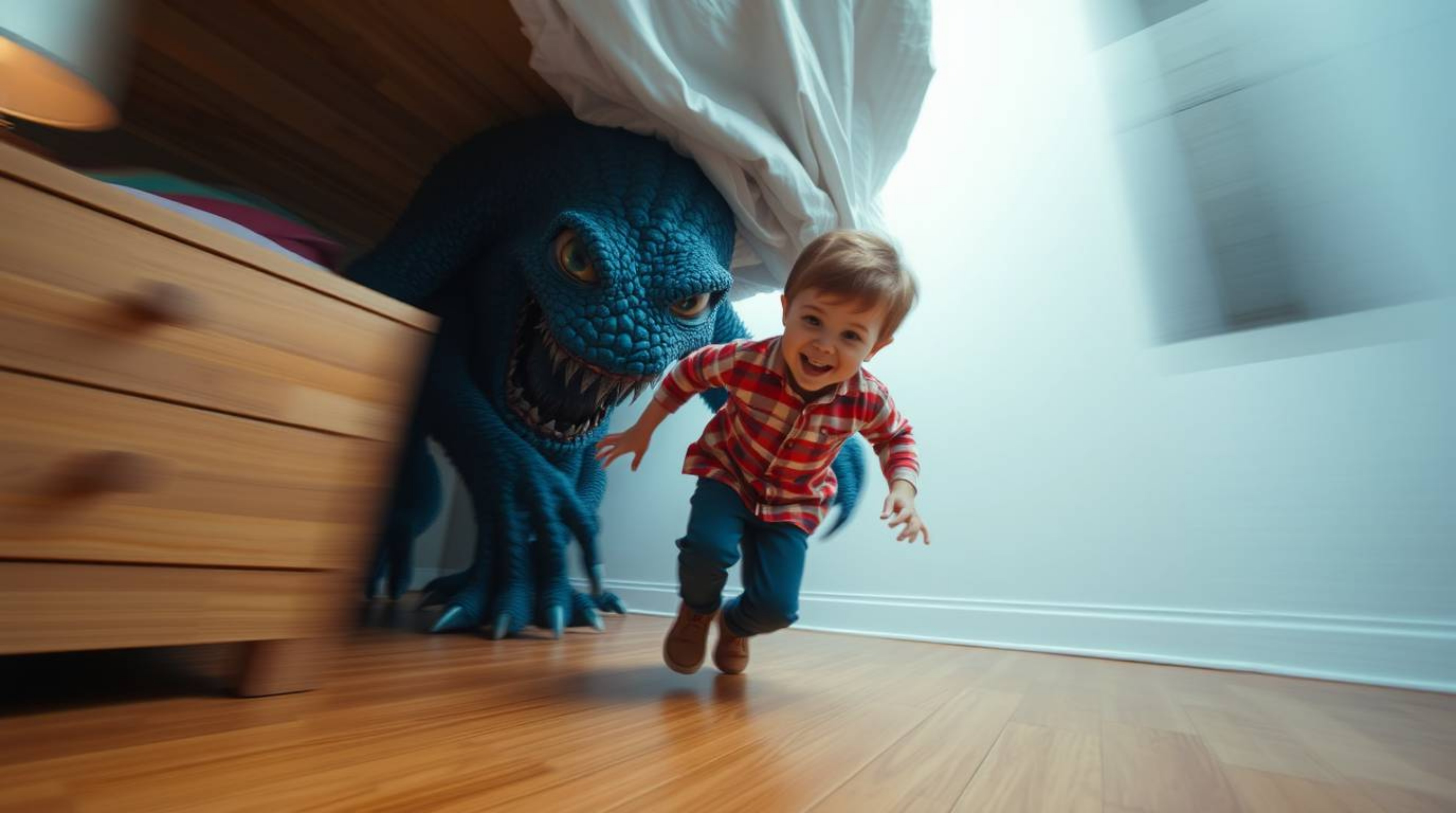 A heartwarming animation depicting an unlikely friendship between a child and a monster living under their bed.  Dynamic moti