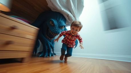 A heartwarming animation depicting an unlikely friendship between a child and a monster living under their bed.  Dynamic moti