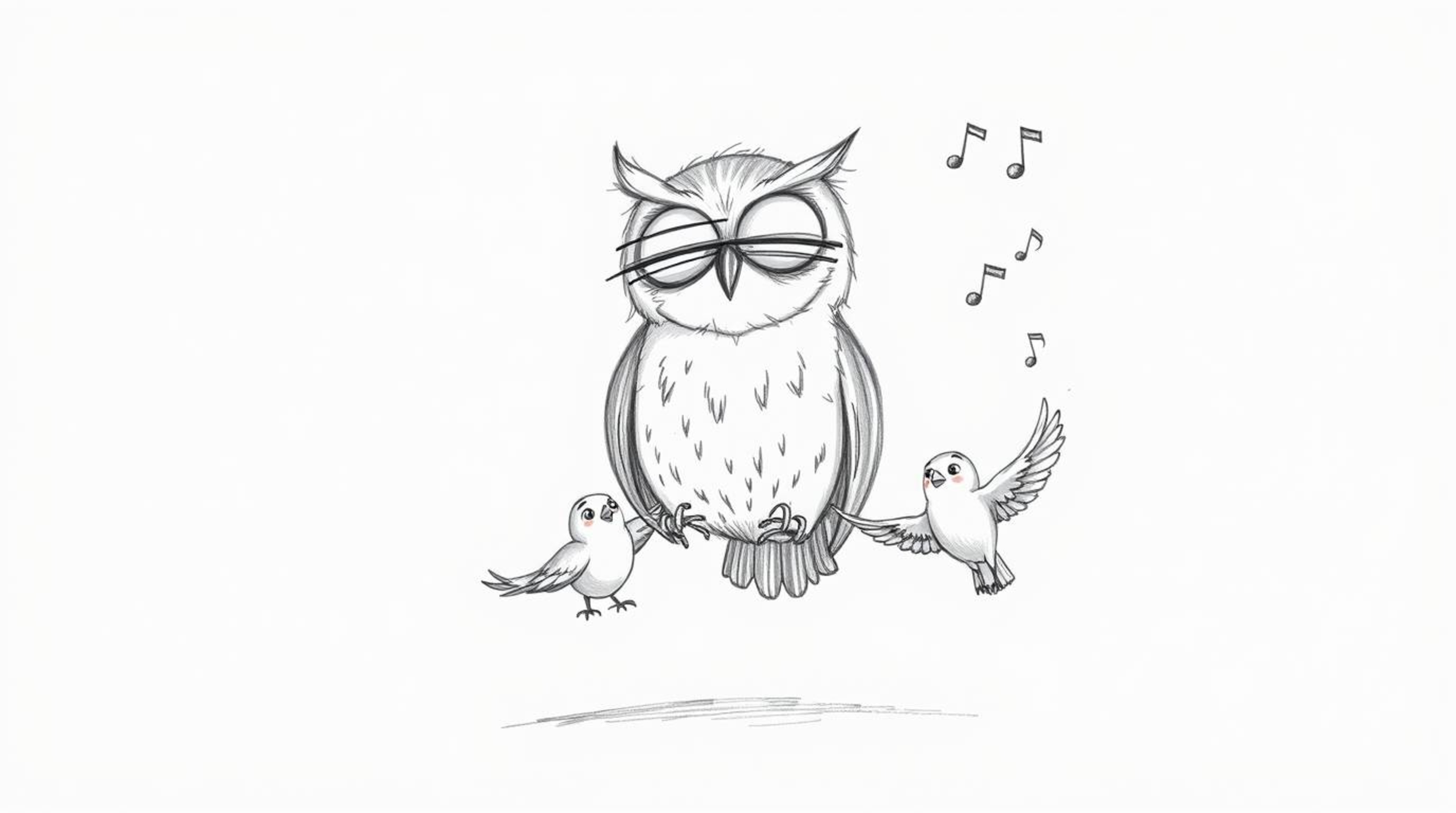 A heartwarming, hand-drawn sketch in the style of Pixar depicts a blind owl with expressive eyes patiently teaching small bir