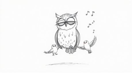 A heartwarming, hand-drawn sketch in the style of Pixar depicts a blind owl with expressive eyes patiently teaching small bir