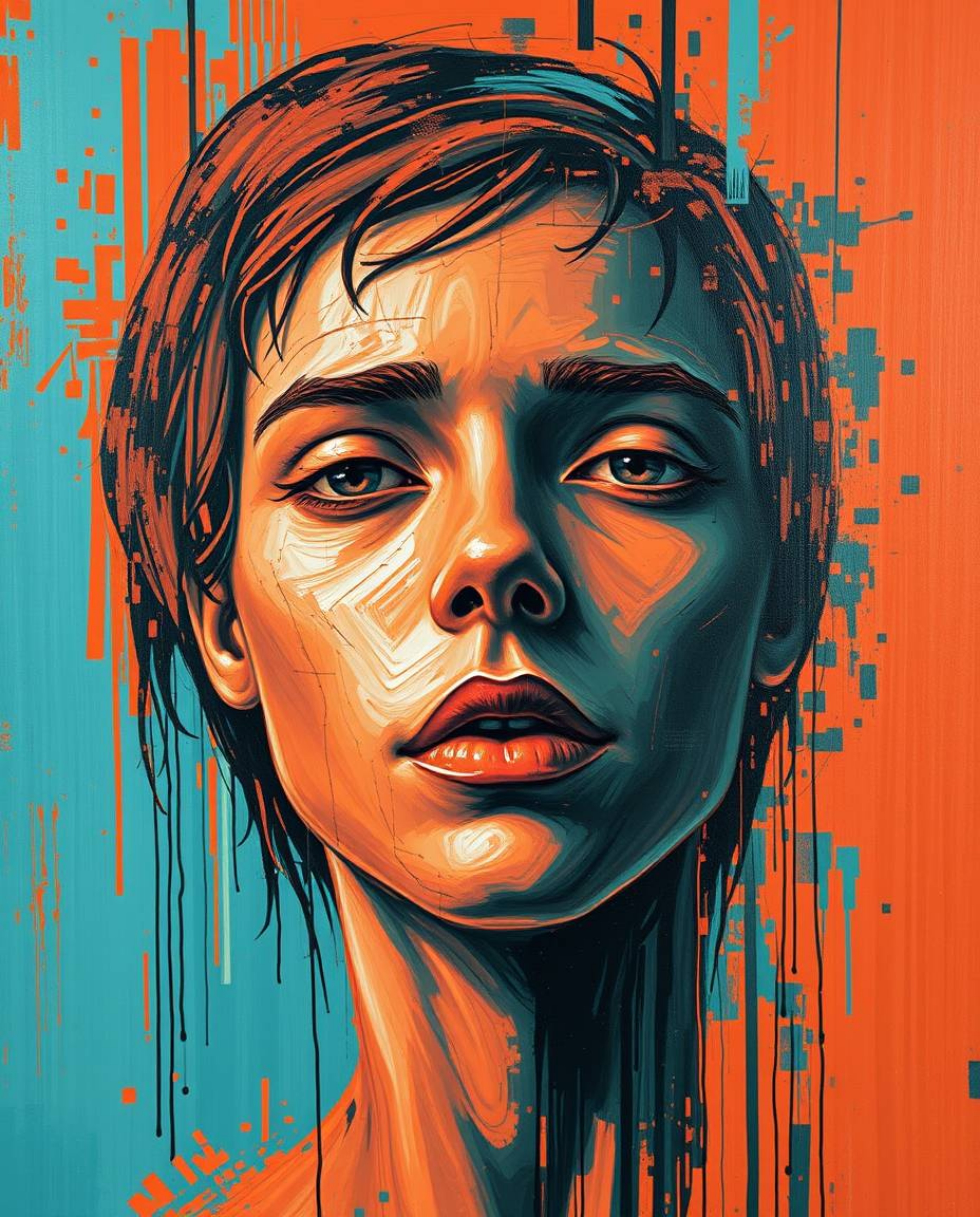 This bold acrylic painting captures the mesmerizing transformation of a human face into a digital data stream, achieved throu