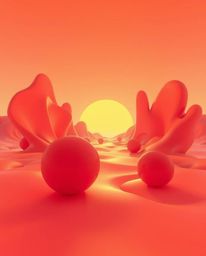 Explore a captivating futuristic scene featuring warm 3D shapes adorned with a smooth gradient texture in vibrant reds, orang