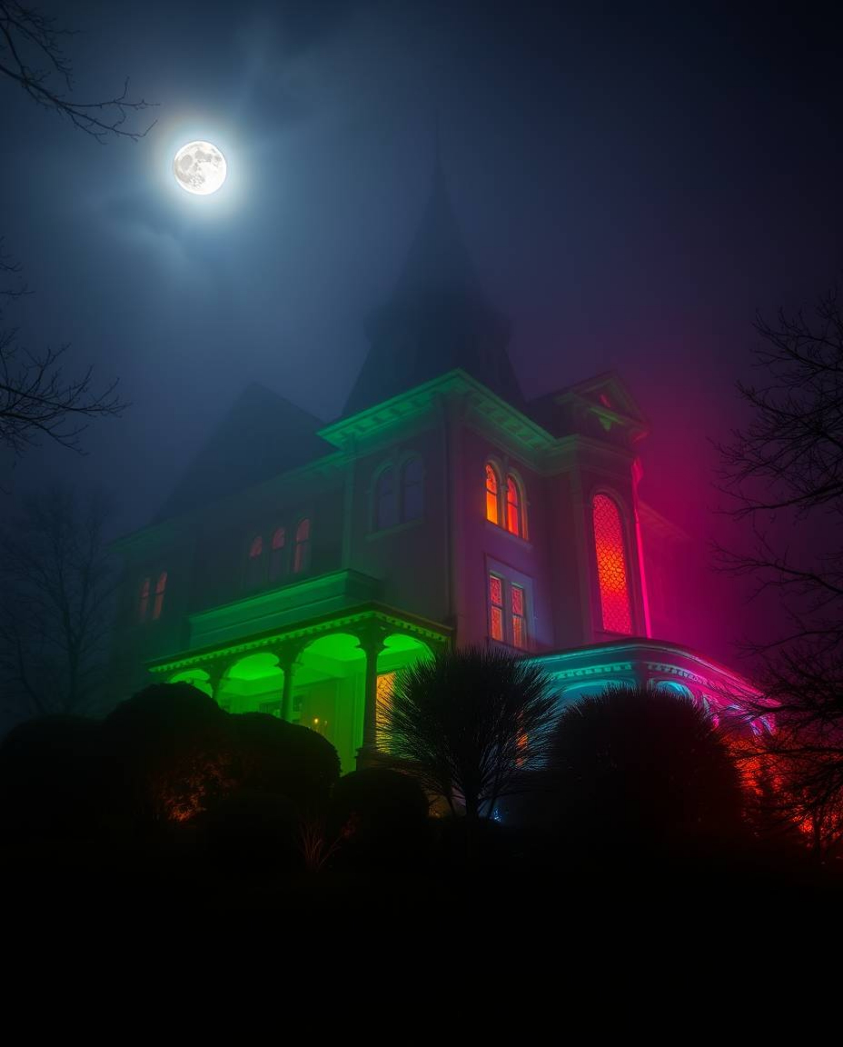 A fog-shrouded Victorian mansion bathed in ethereal moonlight and illuminated with vibrant bioluminescent colors, captured fr