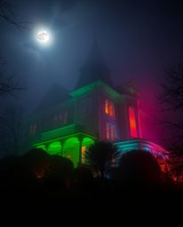 A fog-shrouded Victorian mansion bathed in ethereal moonlight and illuminated with vibrant bioluminescent colors, captured fr