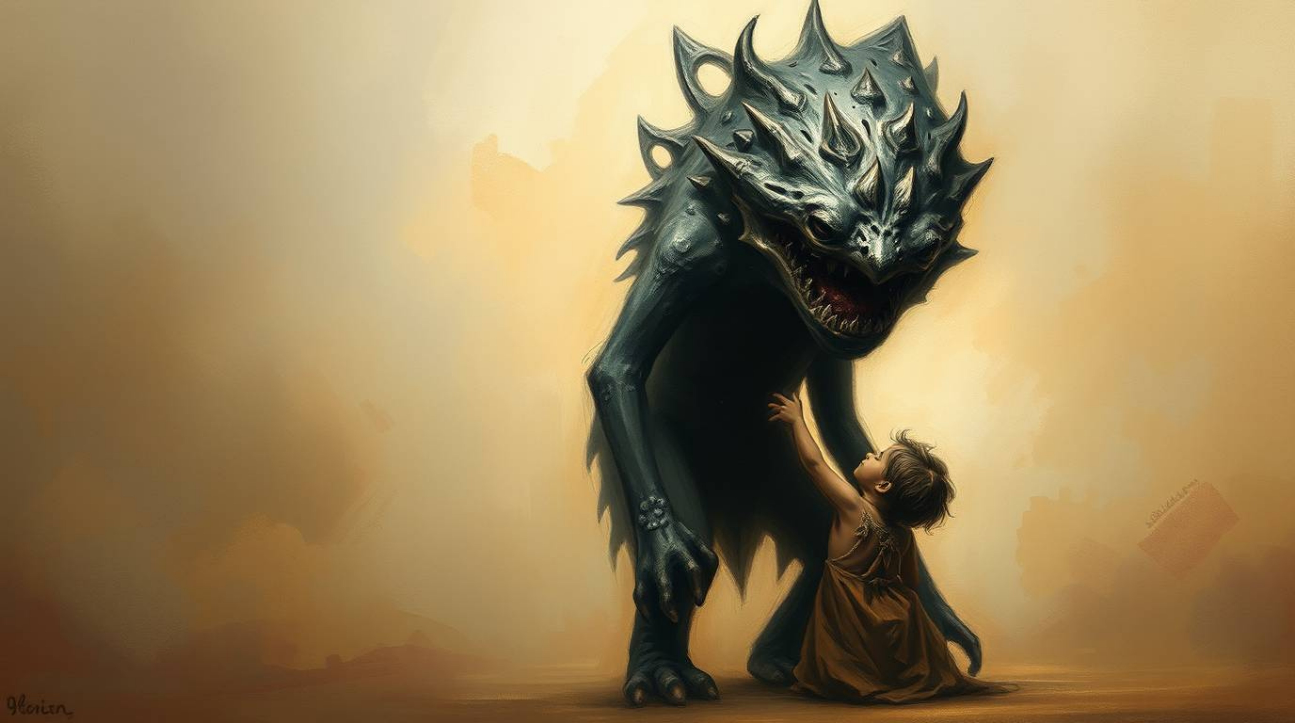 A classic oil painting depicting a heartwarming scene of a monster and a child becoming unlikely best friends, set against a 