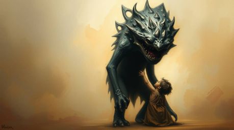 A classic oil painting depicting a heartwarming scene of a monster and a child becoming unlikely best friends, set against a 