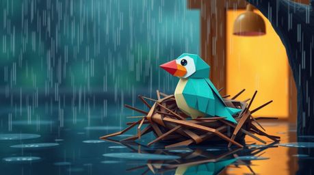 Delightful animation depicting two cartoon birds meticulously constructing a nest in a vibrant, wet rainy scene. The intrica