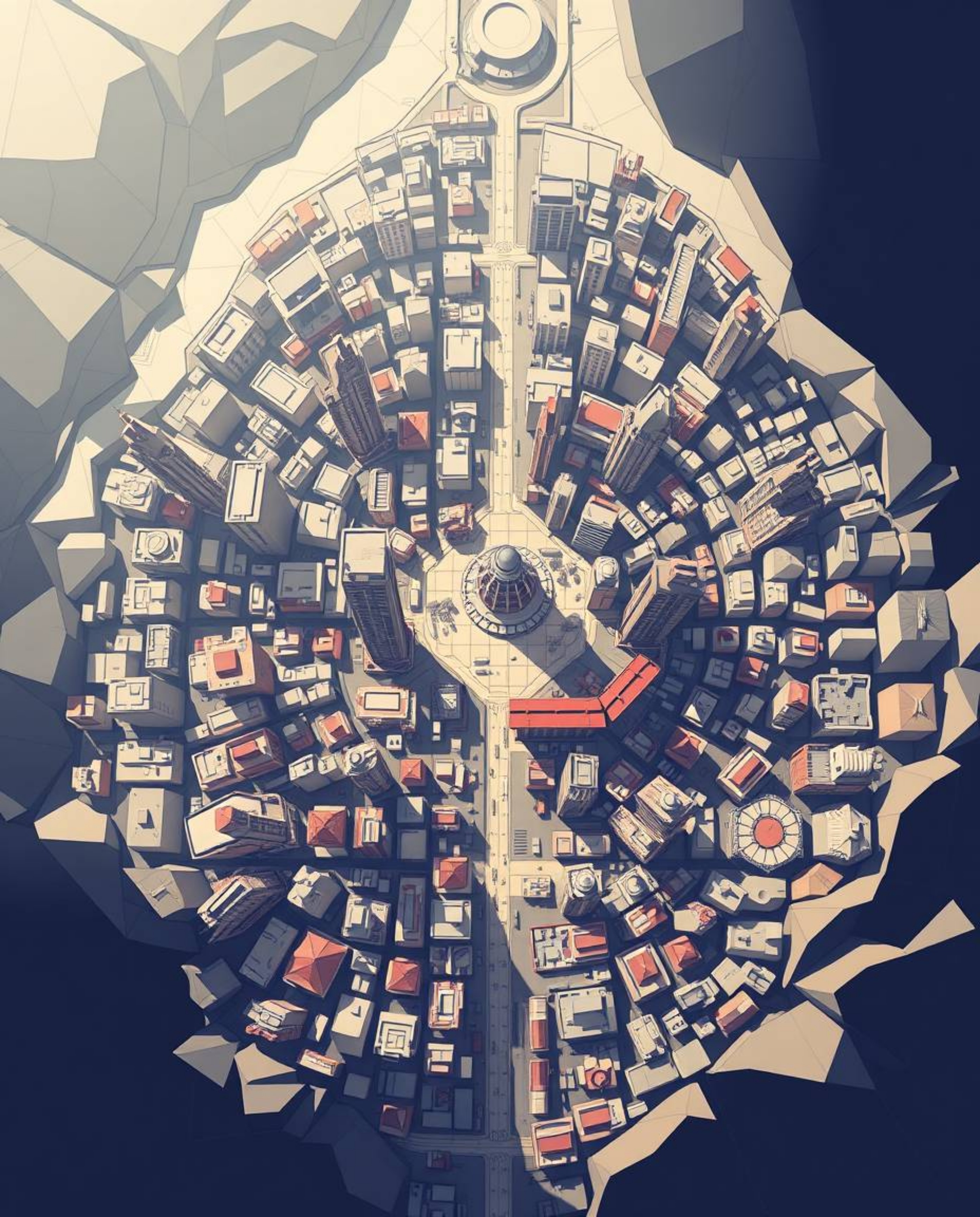 Explore a mesmerizing abstract city map crafted from geometric shapes, presented in a top-down view reminiscent of a captivat