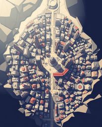 Explore a mesmerizing abstract city map crafted from geometric shapes, presented in a top-down view reminiscent of a captivat