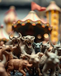 This sculptural clay artwork captures a captivating scene of a carnival overtaken by wild animals.  The sharp focus on the te