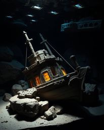 A captivating sculptural clay art piece vividly depicting a shipwreck illuminated deep underwater. The artwork utilizes high 