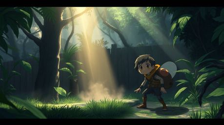 Embark on a whimsical adventure with a bug-sized hero exploring a vibrant backyard jungle, rendered in stunning isekai anime 