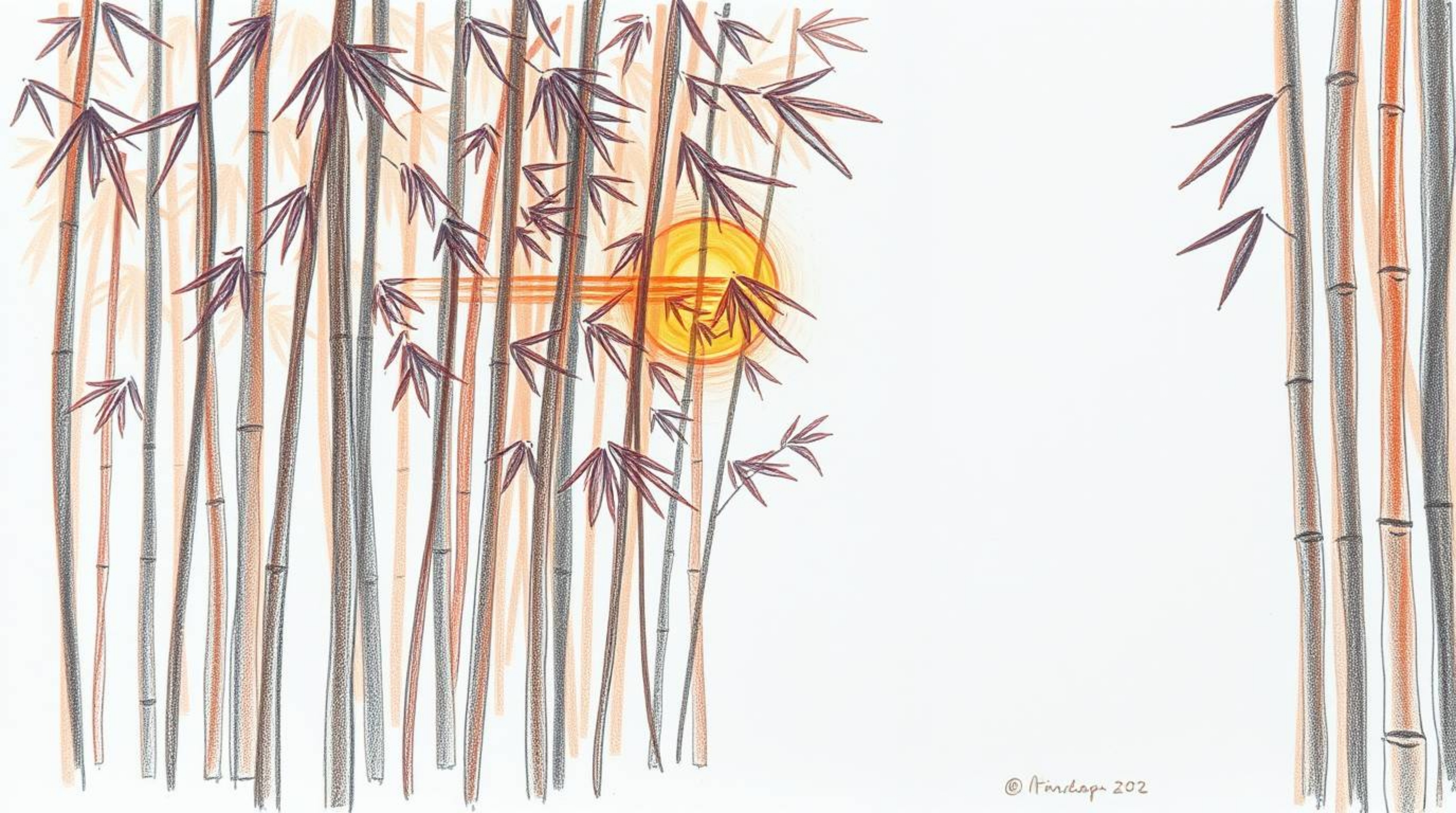 This artwork captures the serene beauty of a bamboo forest bathed in the golden hues of a warm sunset.  The hand-drawn sketch