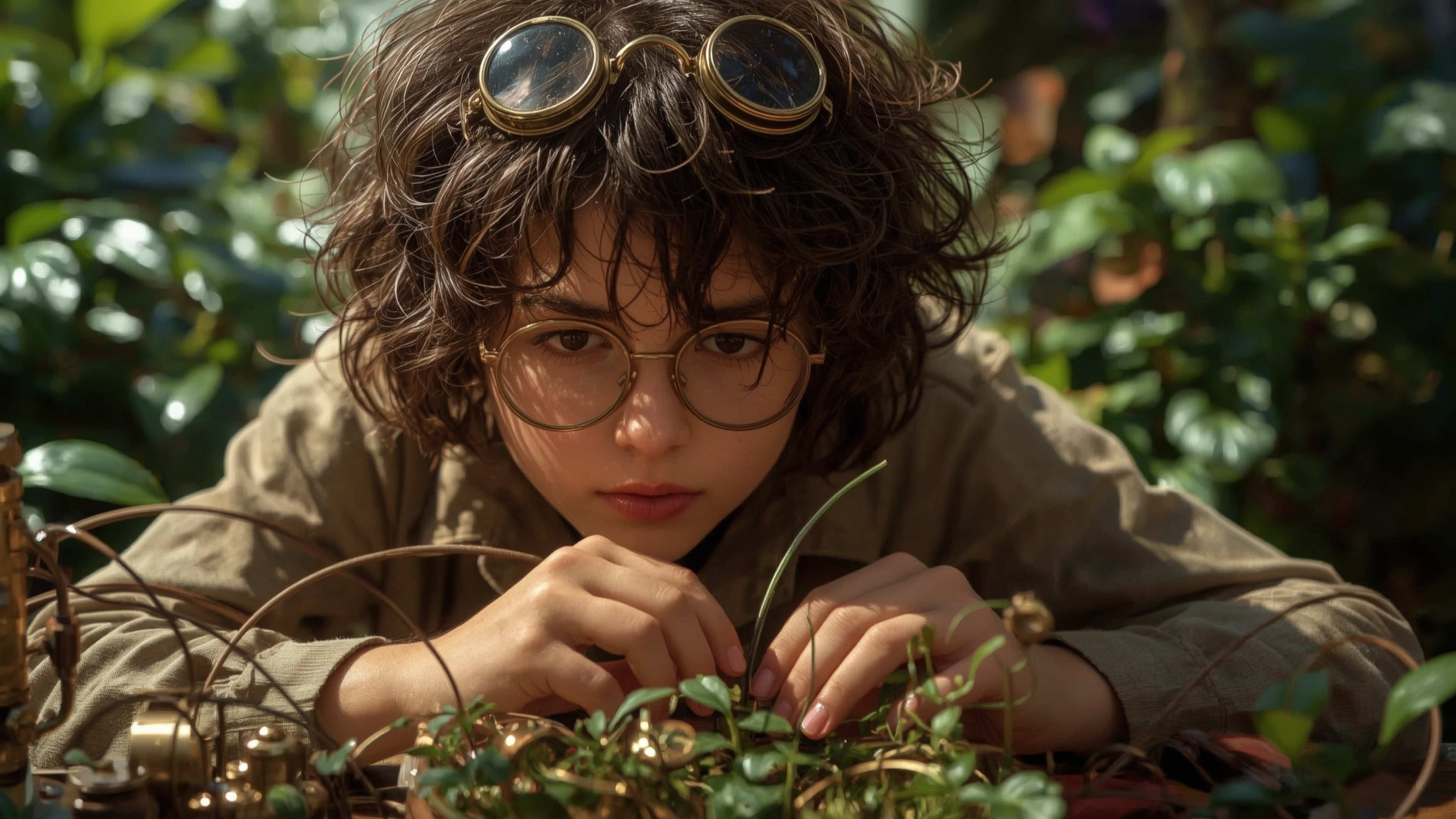 a highly detailed, cinematic photograph of a brilliant, freckled, homeschooled prodigy, reminiscent of Pixar's whimsical styl