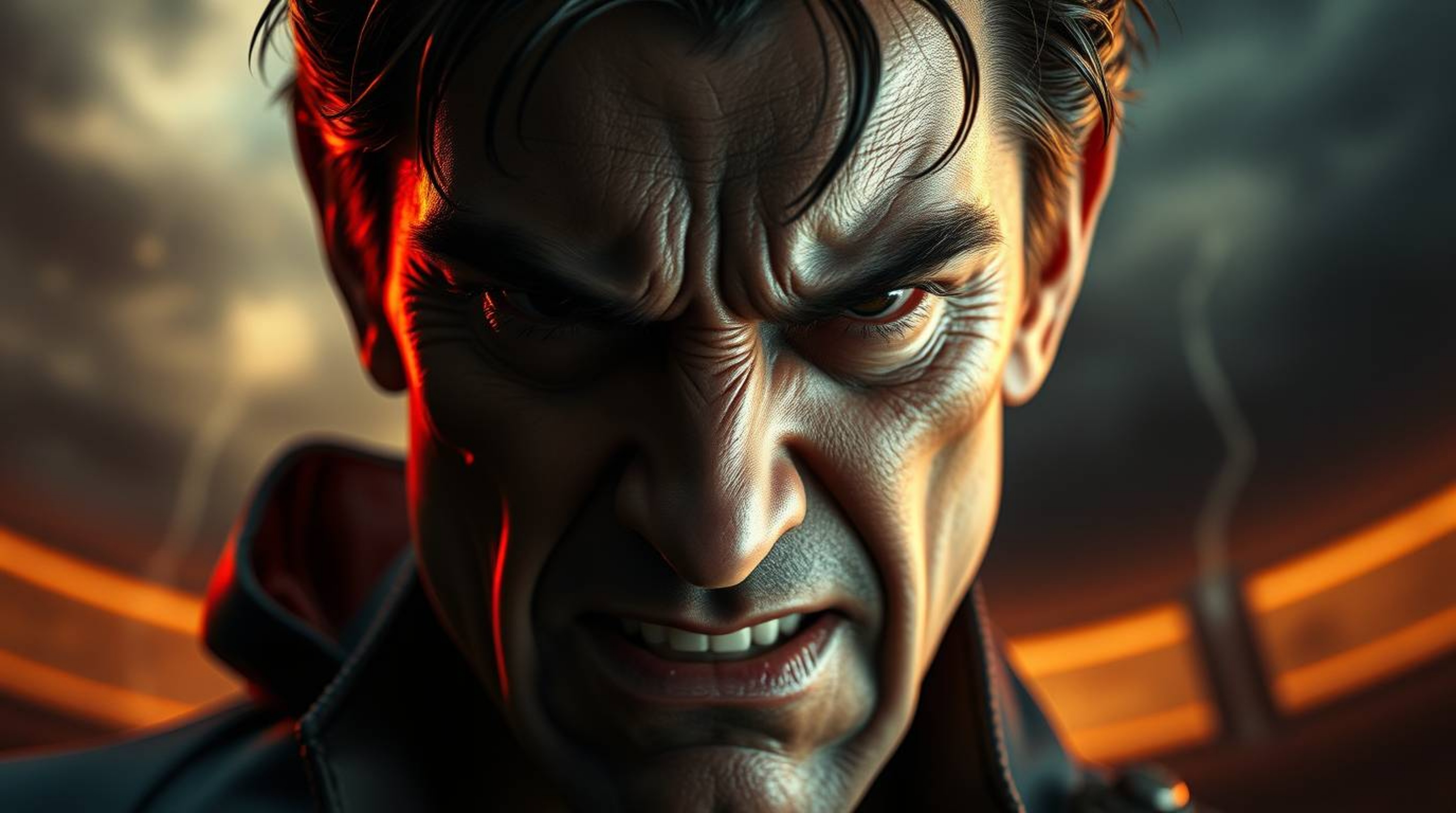 A close-up shot captures a villain with an intense facial expression and fair skin against a stormy sky backdrop, creating hi