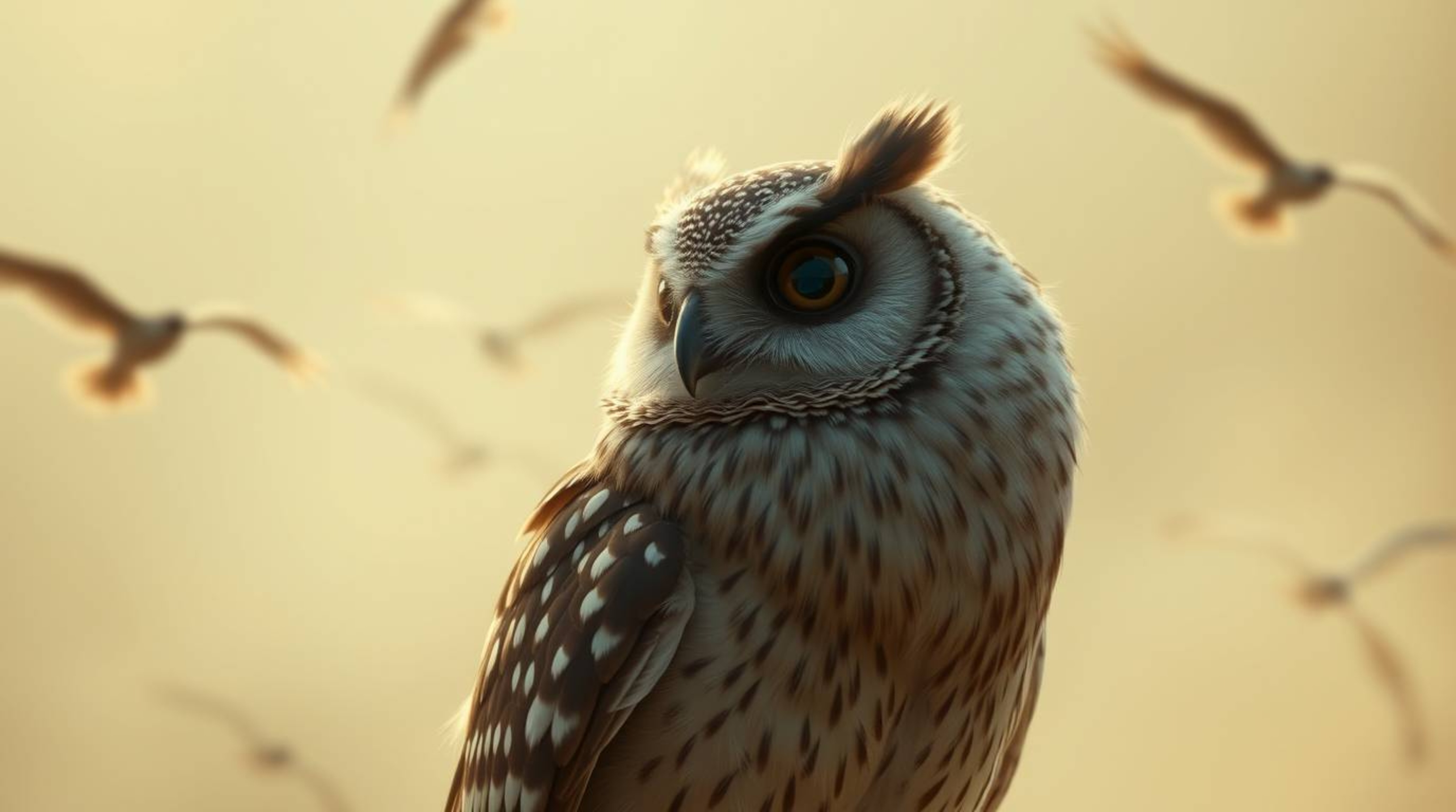 A heartwarming scene depicting a blind owl, rendered in a delightful Pixar style, gracefully teaching birds how to fly. Surro