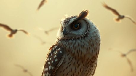 A heartwarming scene depicting a blind owl, rendered in a delightful Pixar style, gracefully teaching birds how to fly. Surro