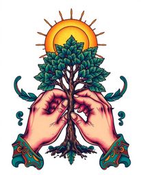 A rich, deep teal traditional tattoo art print depicting hands planting a tree under a vibrant golden sky.  This luxurious de