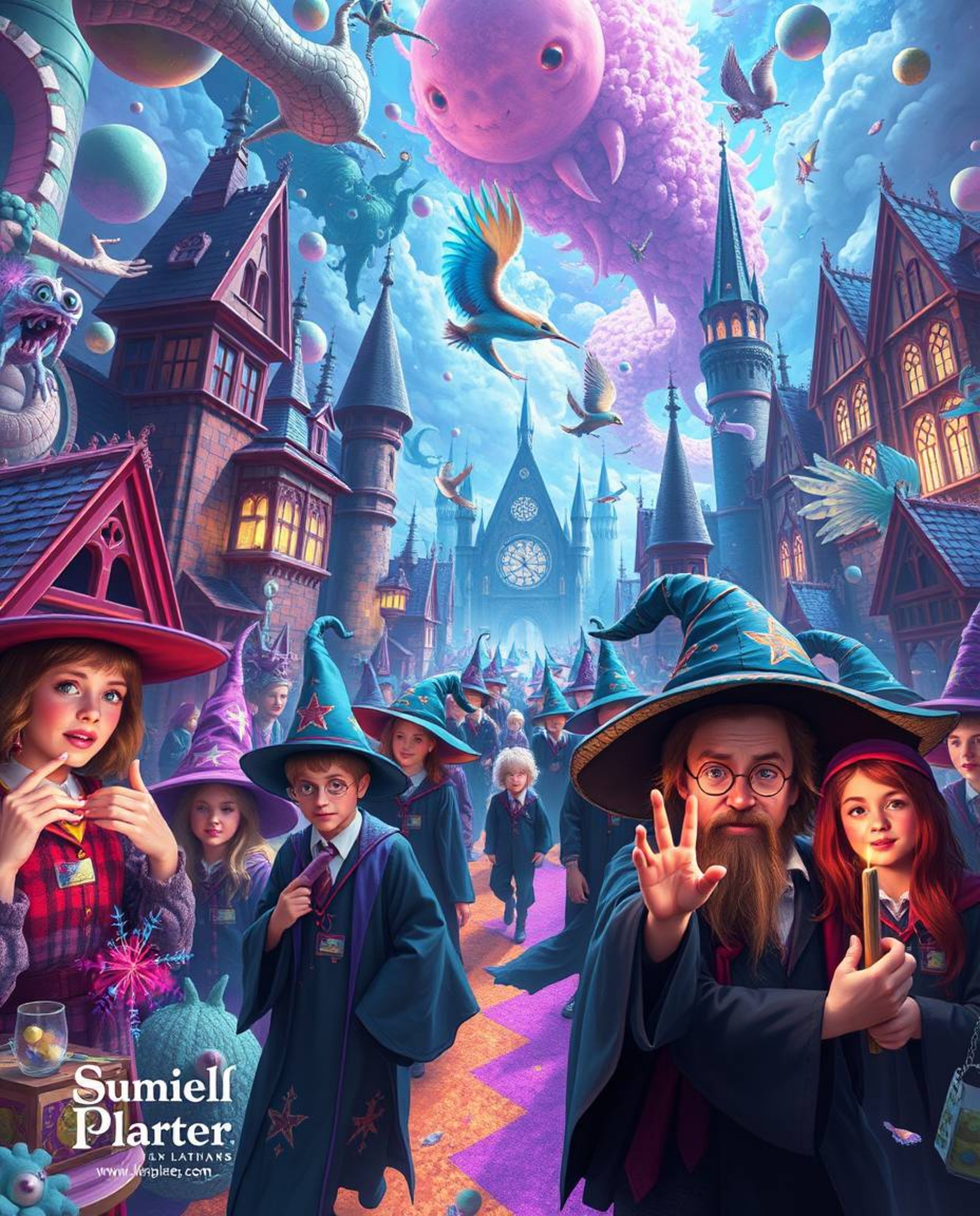 Immerse yourself in a bright and vibrant surreal image of a magical school brimming with young wizards. This fantastical scen