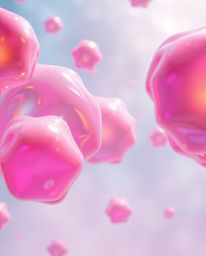 A digital painting showcases floating 3D blobs of fluid jelly, rendered with vibrant colors and synthetic textures. The artwo
