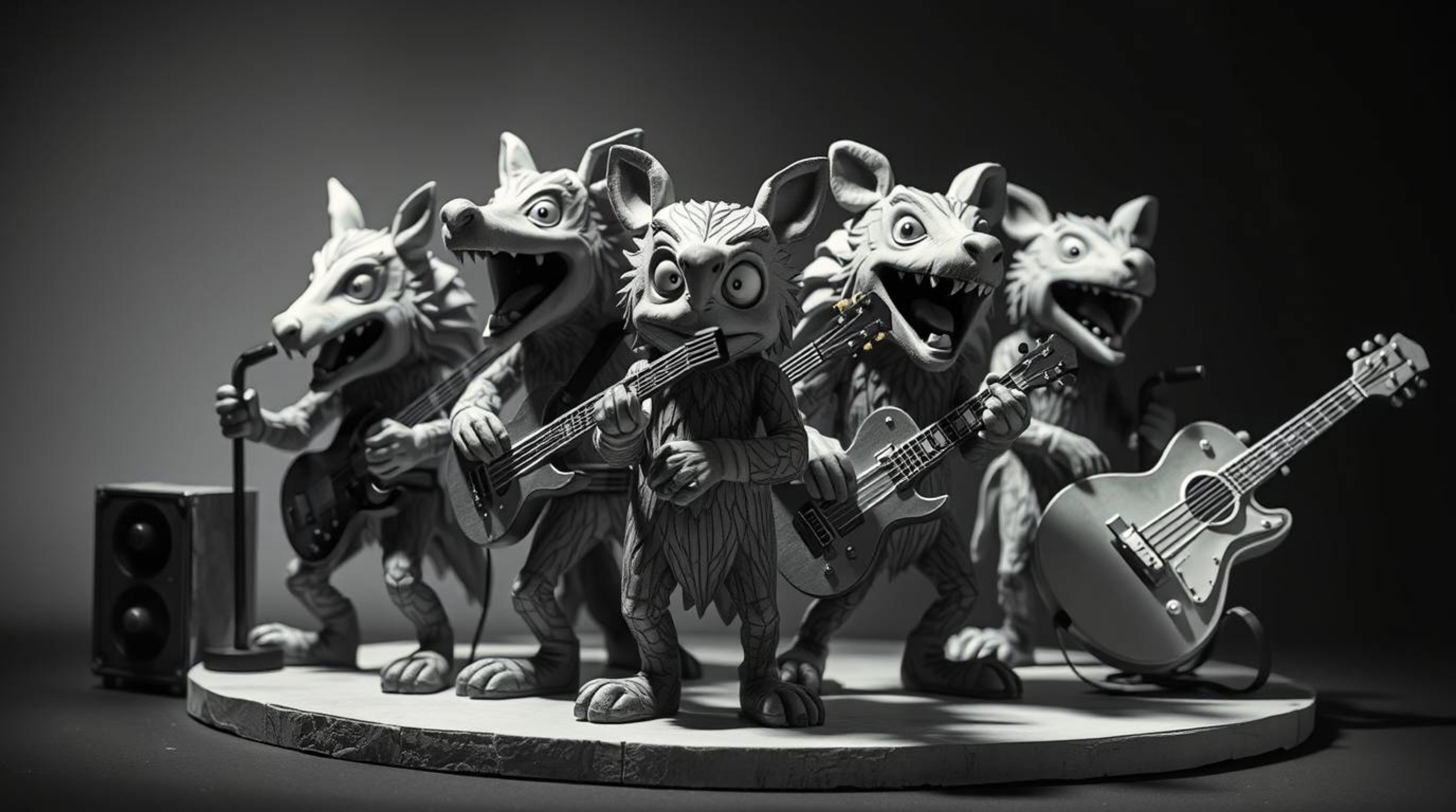 Discover a captivating monochromatic sculpture of a cartoon animal rock band.  Crafted from meticulously layered papier-mâché