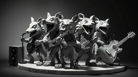 Discover a captivating monochromatic sculpture of a cartoon animal rock band.  Crafted from meticulously layered papier-mâché