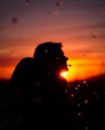 Snowflakes fall during a vibrant sunset, dramatically silhouetted against a light source positioned behind them. This scene i