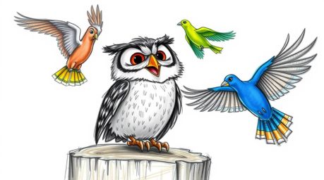 A heartwarming, hand-drawn sketch in the style of Pixar, featuring a blind owl with expressive wrinkles and a wide, joyful be