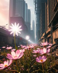 Witness the mesmerizing contrast of ethereal flowers blooming amidst the ruins of a post-apocalyptic city, where a light aura