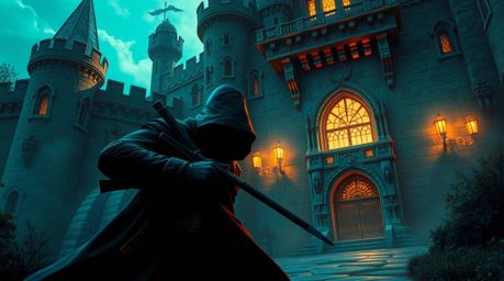 A cunning thief infiltrates a heavily guarded castle, depicted in a stunning array of deep teal tones, creating a scene that 