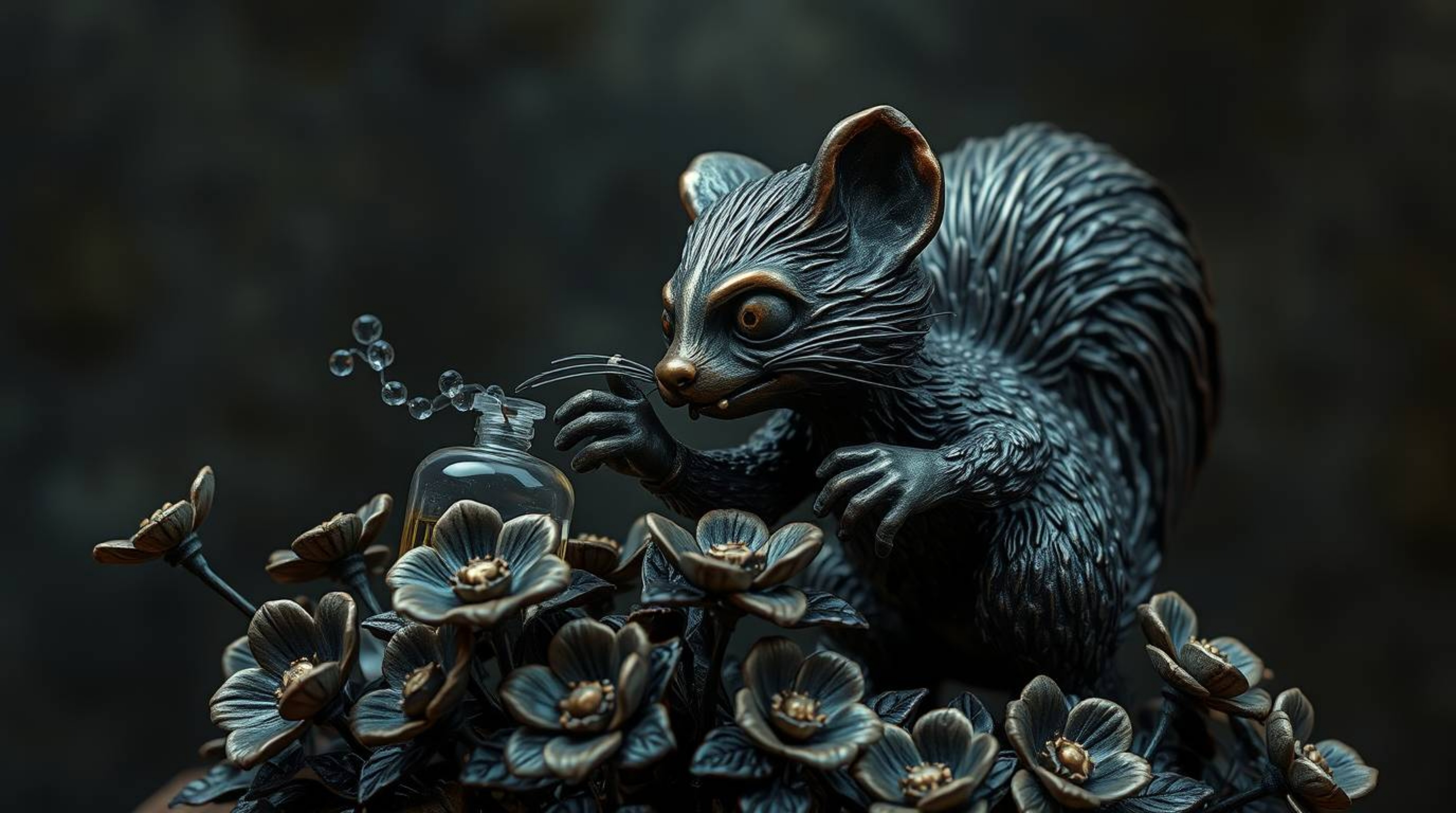 This cast bronze sculpture depicts a cartoon skunk spraying perfume on flowers, creating an unsettling and eerie atmosphere t
