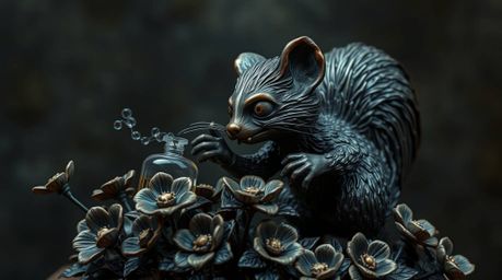 This cast bronze sculpture depicts a cartoon skunk spraying perfume on flowers, creating an unsettling and eerie atmosphere t