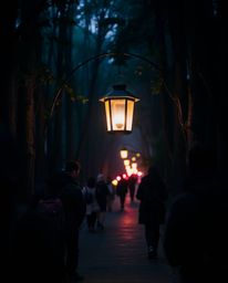 Captured in a candid street photography style, this image depicts a glowing lantern illuminating a dark forest. The scene ble