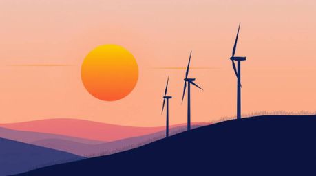 This illustration depicts a modern, flat design featuring a vibrant sunset as a backdrop to a series of wind turbines situate