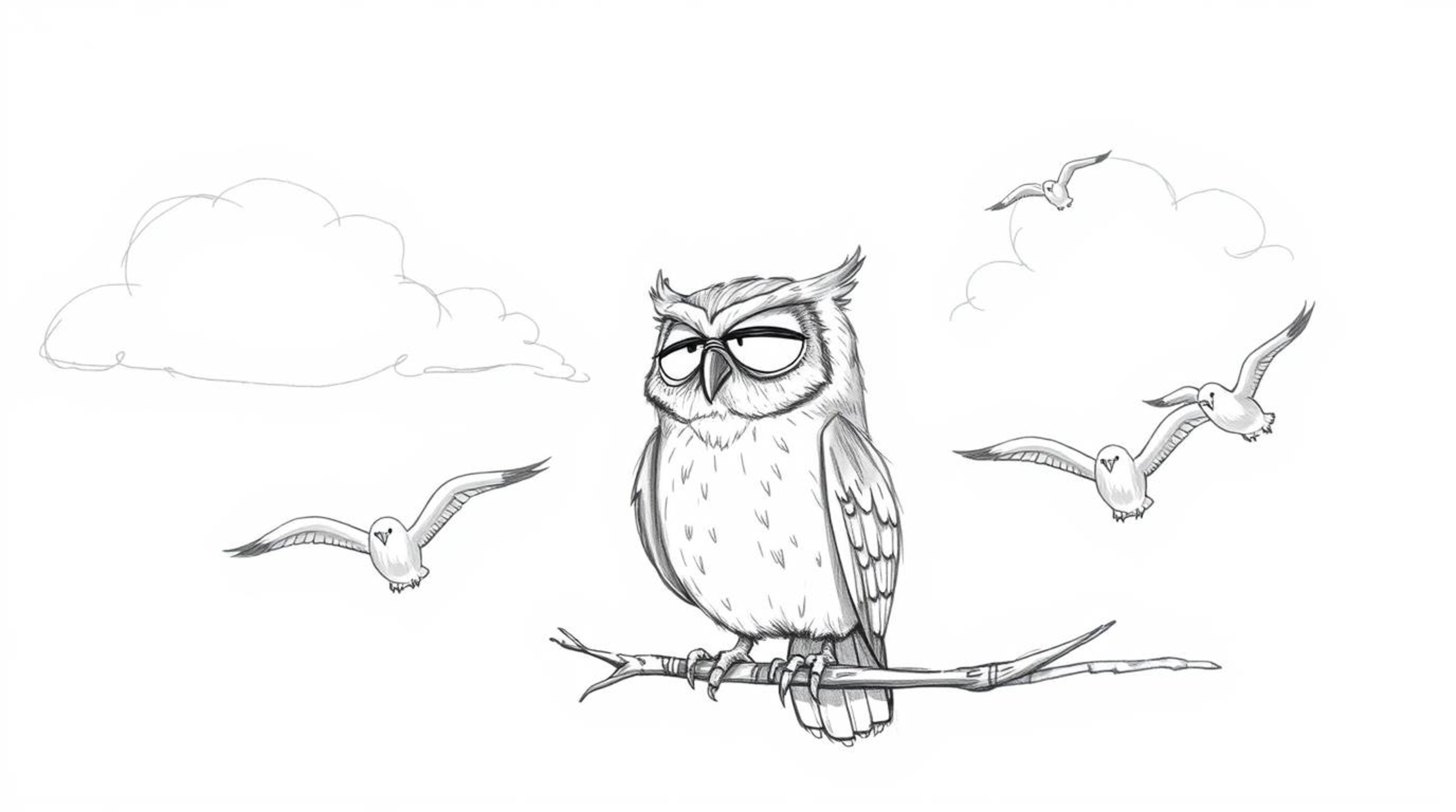 A heartwarming hand-drawn sketch in the style of Pixar shows a blind owl with gentle, expressive eyes guiding a flock of bird
