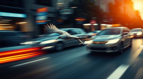 A dynamic image capturing a fast-running bird blurring past city traffic, emphasized by sharp focus and dramatic effect. The 
