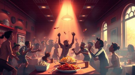 Immerse yourself in an ethereal fine art photograph depicting a wild food fight erupting within a cartoon cafeteria. Bathed i