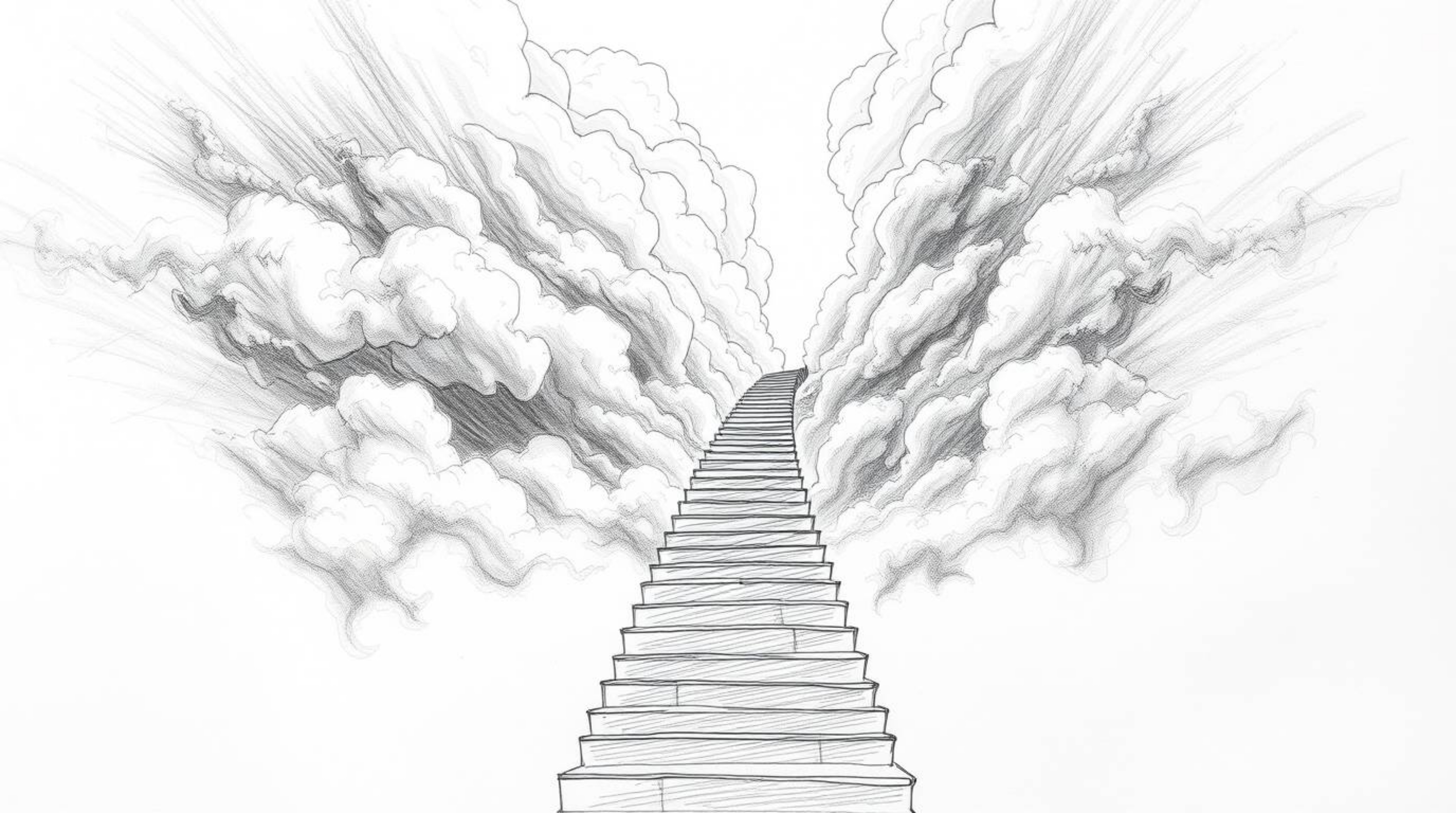 A captivating hand-drawn sketch presents a winding stairway of smoke and light ascending into a boundless cloudy sky, symboli