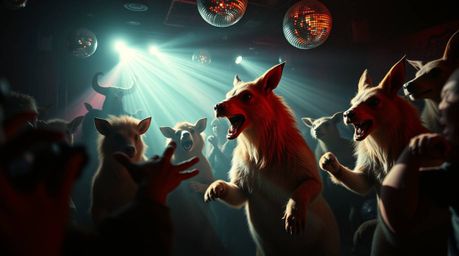 Immerse yourself in a dreamlike, surreal animal dance party, illuminated by vibrant disco lights and intense dramatic lightin