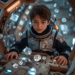 A captivating image showcases a young boy, dressed in a sleek black and silver spacesuit, meticulously constructing an intric