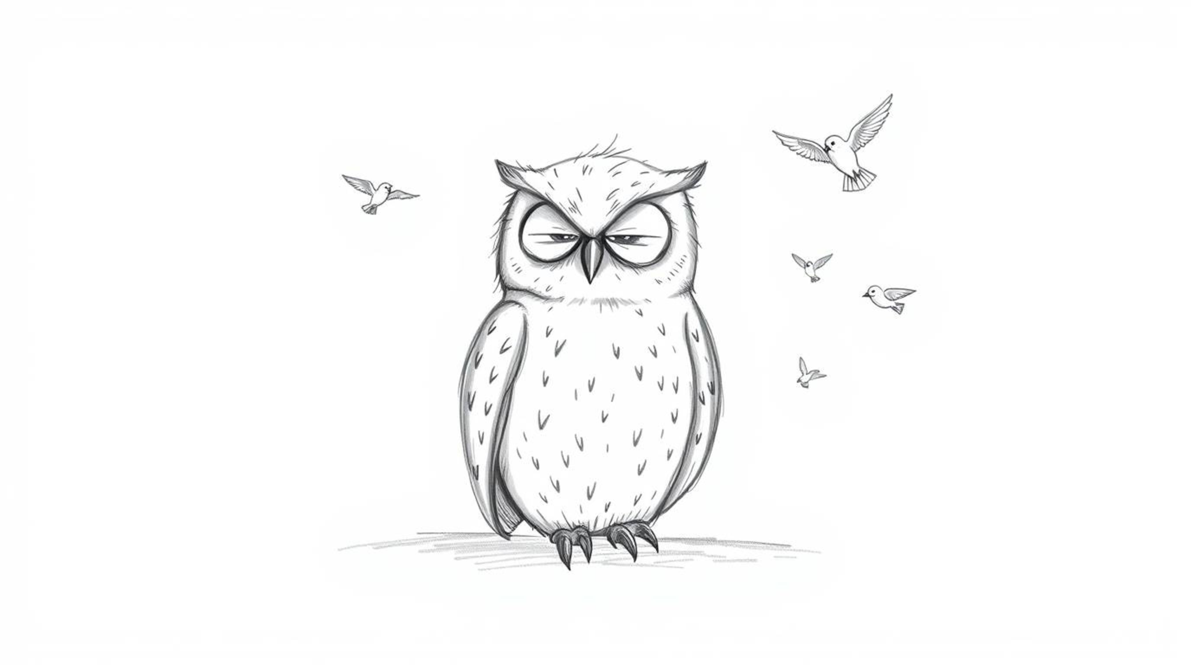 A hand-drawn sketch in Pixar style depicts a serene blind owl with soft pencil strokes on a white background, calmly seated a