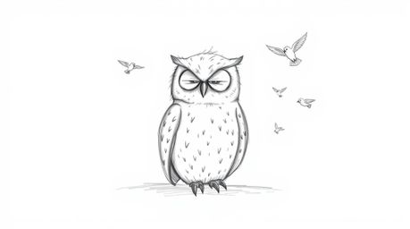 A hand-drawn sketch in Pixar style depicts a serene blind owl with soft pencil strokes on a white background, calmly seated a