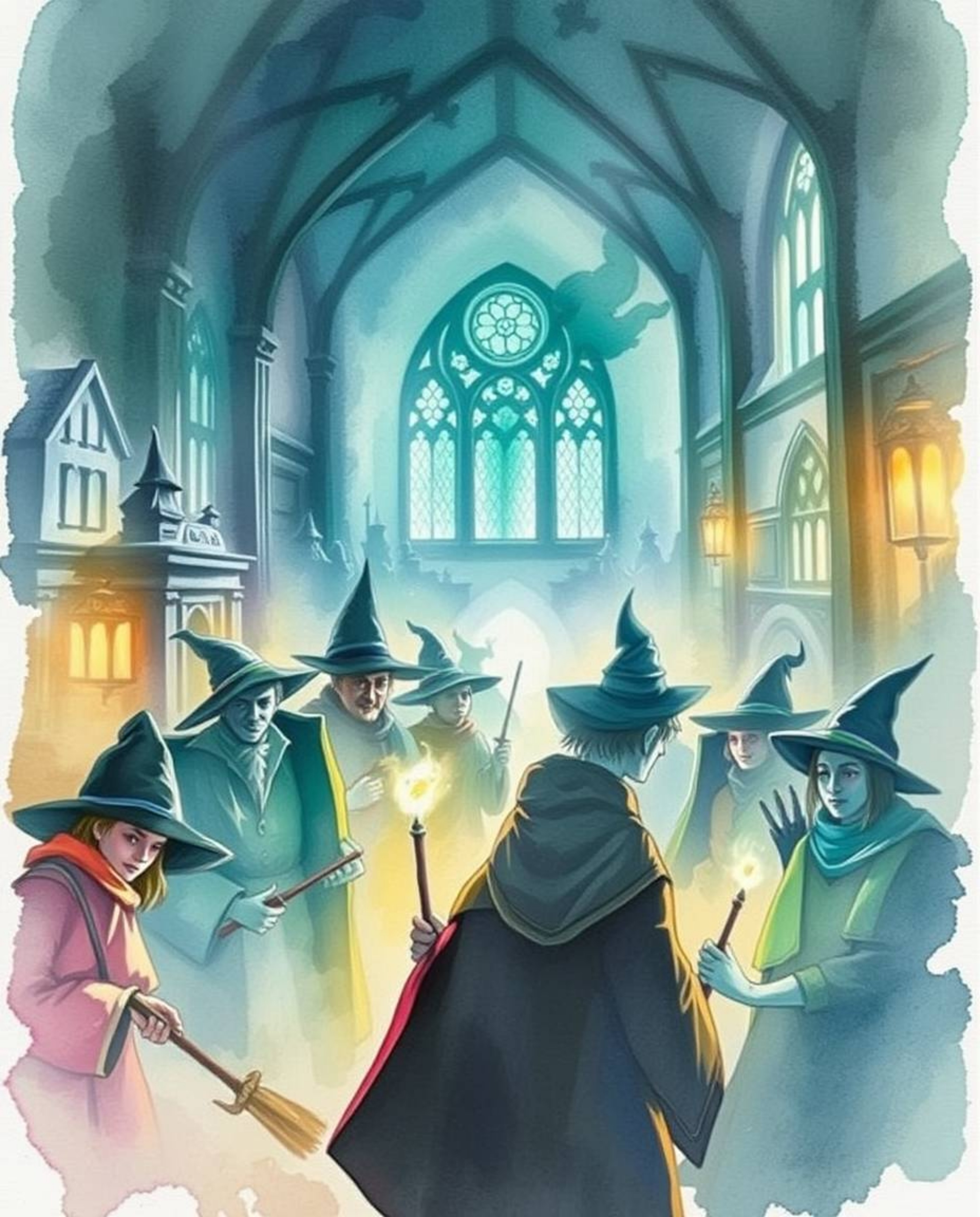 A delicate watercolor painting capturing the enchanting ambiance of a magical school brimming with young wizards. The artwork