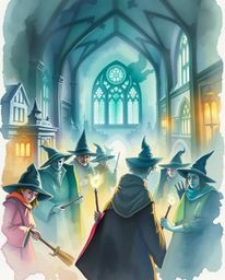A delicate watercolor painting capturing the enchanting ambiance of a magical school brimming with young wizards. The artwork