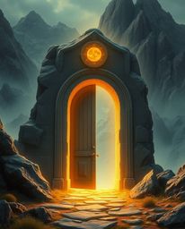 Explore an ancient doorway glowing with ethereal runes nestled within a mountainside, radiating a soft light aura and imbued 