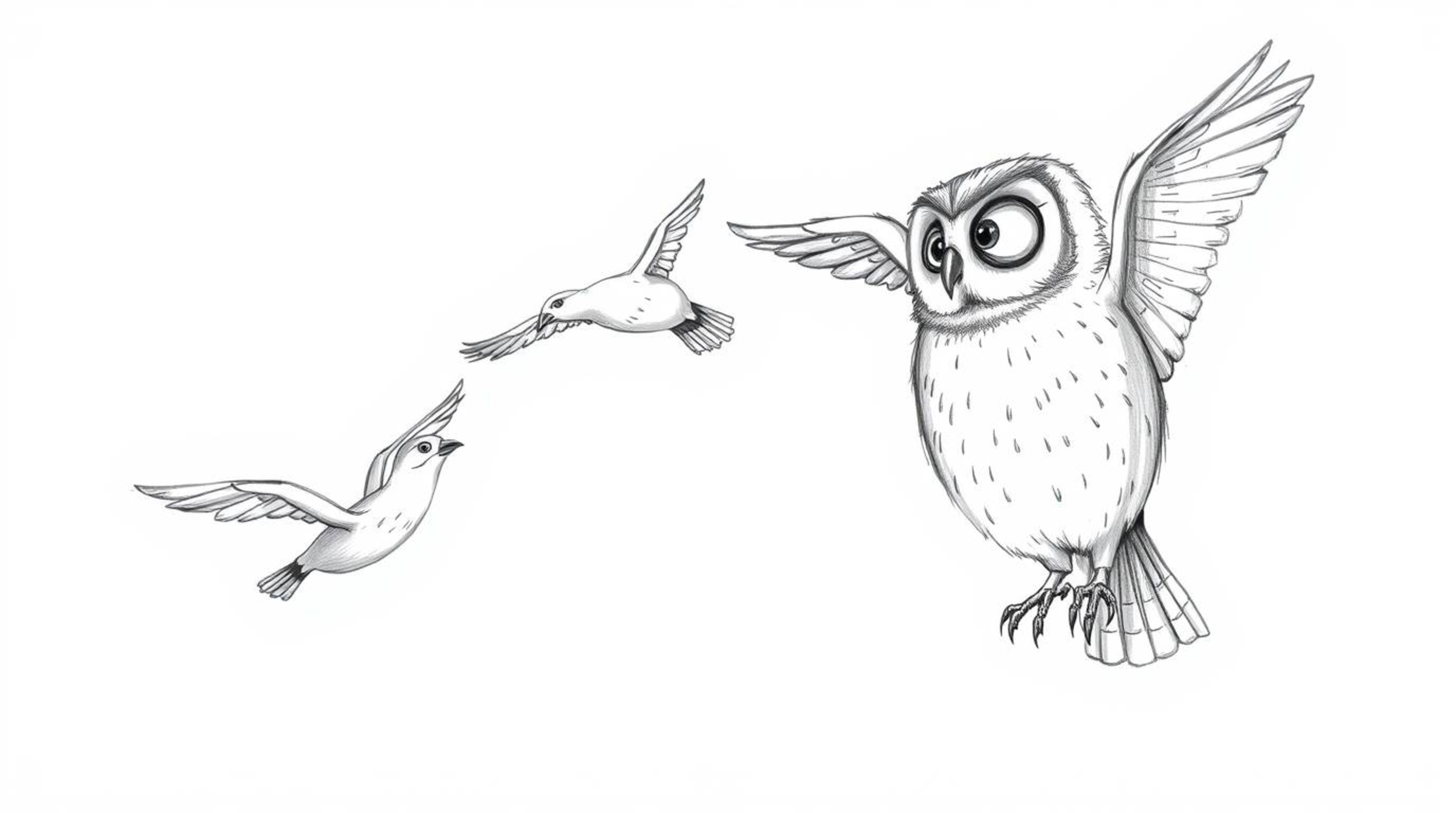 A heartwarming hand-drawn sketch in the style of Pixar depicts a gentle, blind owl with soft, feathery textures instructing a