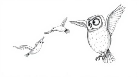 A heartwarming hand-drawn sketch in the style of Pixar depicts a gentle, blind owl with soft, feathery textures instructing a