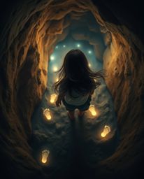 A child with flowing dark hair, captured from a high-angle perspective, follows a mesmerizing trail of glowing footprints lea