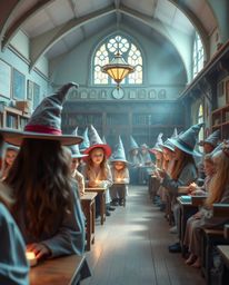 Discover a captivating high-resolution stock photo depicting a magical school brimming with young wizards. The image boasts