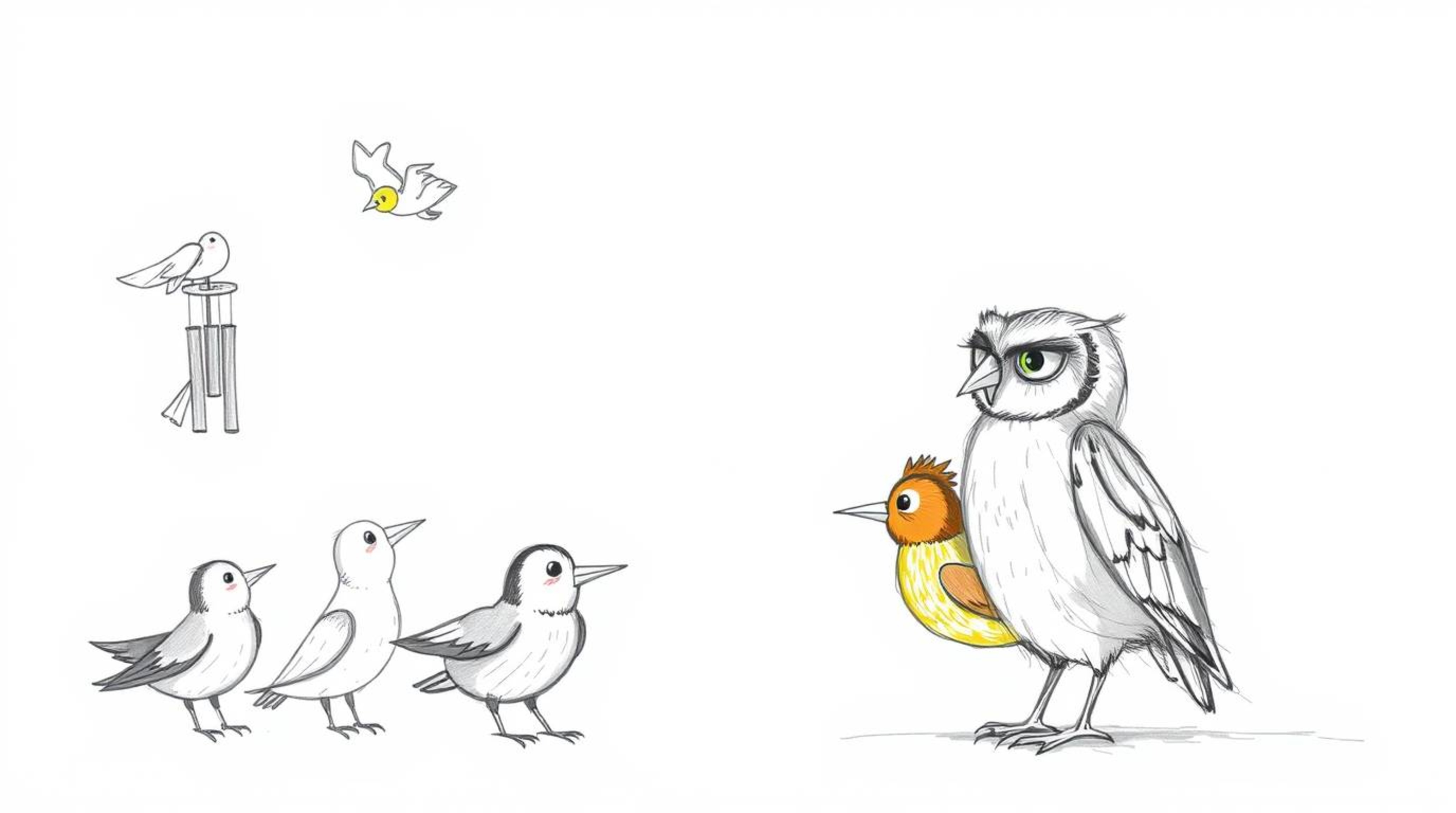 A charming hand-drawn sketch in the style of Pixar depicts a patient, blind owl using wind chimes and simple fabric flaps to 